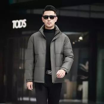 Осенне-зимняя куртка из телячьей кожи первого слоя с воротником-стойкой, короткая утолщенная кожаная куртка, мужская модная кожаная куртка L