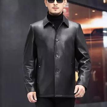 Осенне-зимняя куртка из натуральной коровьей кожи первого слоя для мужчин среднего и пожилого возраста с отворотами и отстегивающейся подкладкой для отцов L