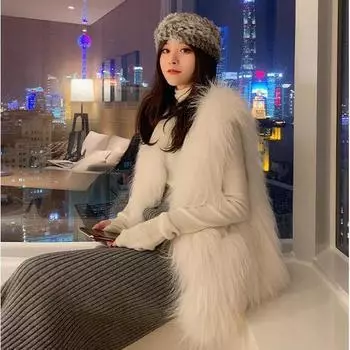 Autumn and winter fur vest medium and long Korean version imitation raccoon hair female imitation fox hair imitation fur coat female S белый