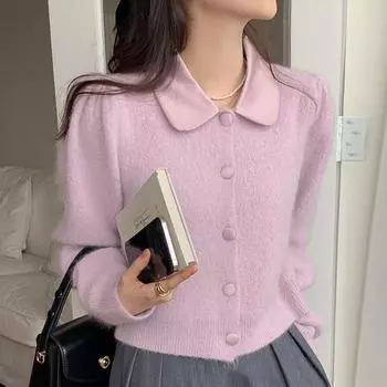 Autumn and Winter Gentle Temperament Lapel Single-breasted Loose Long-sleeved Plush Knitted Cardigan Sweater Jacket Female one size бежевый