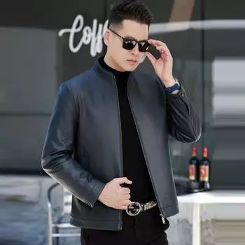 Осенне-зимняя куртка из натуральной кожи, мужская куртка из овчины с воротником-стойкой, короткая, для среднего и пожилого возраста, плюс бархат, большой размер, тонкое пальто 170