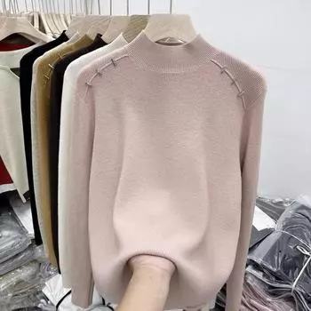 Autumn and Winter Half-high Collar Ribbed Knitted Shirt for Women with An Inner Layer Design Versatile Sweater Shirt S