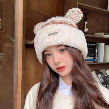 Autumn and winter hat women s double-layer color matching Christmas gift cute bear ears knitted thickened warm ear protective wool hat M56-58cm бежевый