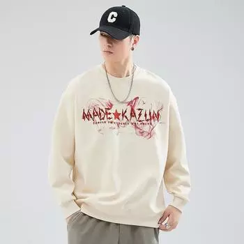 Autumn And Winter Heavy-Duty Printed Crew Neck Sweater Men S Loose Large-Size Long-Sleeved Clothes Trendy Men S Casual Tops Trendy M белый