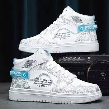 Autumn and winter high-top men s shoes trendy brand casual versatile board shoes trendy sports Internet celebrity explosion leather white tide shoes 39 чёрный