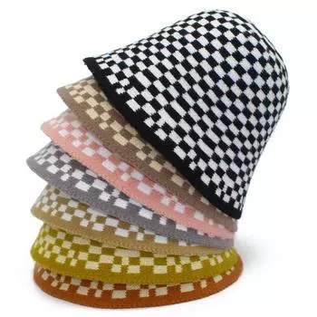 Осенне-зимняя японская черно-белая клетчатая панама, женская универсальная панама, теплая защитная шапка для ушей 56-58cm