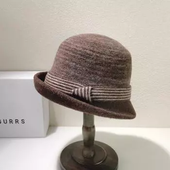 Осенне-зимняя японская завитая вязаная 100% шерстяная пряжа контрастные полоски женская ретро повседневная теплая шляпа-миска рыбацкая шляпа 56-58cm чёрный