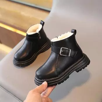 Autumn and Winter Kids Plush Short Boots British Style Boys Simple Warm New Leather Shoes for Girls Child Fashion Unisex Booties 21 бежевый