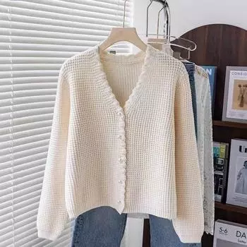Autumn and winter knitted cardigan short sweater women s coat new wear chic top trendy S/75-90 бежевый