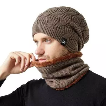 Autumn and winter knitted hat scarf kit velvet warm and cold moisture fashionable twist pattern pullover hat M56-58cm