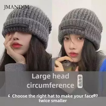 Autumn and winter knitted wool hats, men s and women s hats, the same style, big head circumference, small face loose hats, couple stacking hats One Size