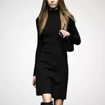 Autumn and Winter Knitting Slim-Fit Turtleneck Sheath Bottom Dress Black S