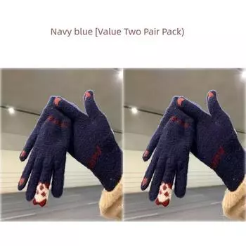Autumn and Winter Knitting Wool Gloves Women s Cute Touch Screen Fleece Lined Padded Warm Keeping Road Bike Five-Finger Winter Cold-Proof Gloves Navy blue [Value Two Pair Pack]] One size
