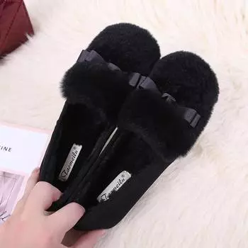 Autumn and winter Korean version of rabbit hair Doudou shoes women s velvet thick-soled thermal cotton laden shoes flat single shoes large size women 34