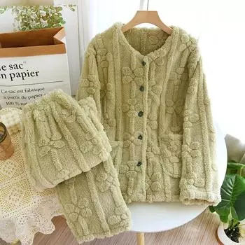 Осенне-зимняя женская новая фланелевая пижама с длинными рукавами, брючный костюм, милый кактус, теплый и утолщенный комплект из двух предметов для домашнего обихода M