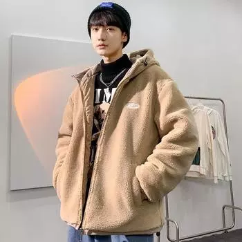 Осенне-зимняя куртка из овечьего бархата, универсальное и модное хлопковое пальто с капюшоном для пары, теплое, свободное, повседневное, мужской красивый топ M
