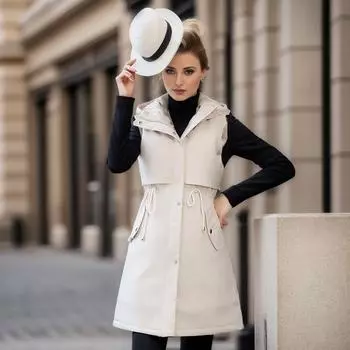 Autumn and winter large size women s clothing thickened vest removable hat military lamb wool vest fat MM cotton vest L белый