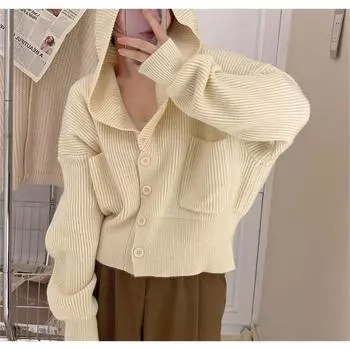 Autumn and Winter Lazy Wind Retro Hooded Fall Knitted Cardigan Female Sweater Loose Versatile Thin Knitted Jacket Female One size зелёный