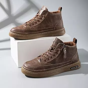 Autumn And Winter Leather High-Top Board Shoes Solid Color Flat-Bottom Work Leisure Sports Free Lace-Up Trendy Men S Shoes 39