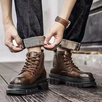 Autumn and winter leather Martin boots men s shoes thick-soled heightening high-top leather shoes MD lightweight soles velvet warm outdoor snow boots 38