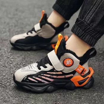 Autumn and winter leather surface medium and older children s warm cotton shoes boys and girls winter velvet sports children s shoes trendy dad shoes 30