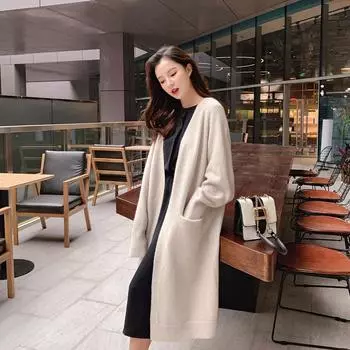 Autumn and Winter Long Sweater Women s Solid Color Long Sleeved Knitted Cardigan Tender Temperament Commuter Knitwear One Size темно серый