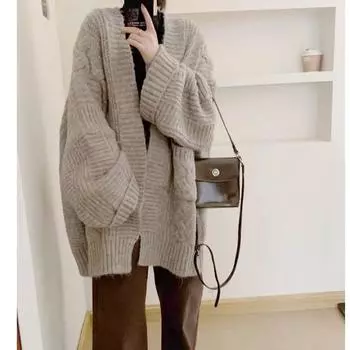 Autumn and Winter Loose Knitted Cardigan Women s Sweater Coat Fashion Elegant Simple Medium and Long Thickened Outer Jackets Casual Pockets Clothing One size