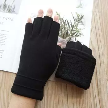 Autumn and Winter Men s and Women s Half Open Finger Thickened Fleece-Lined Warm Touch Screen Driving Riding Solid Dralon Writing Gloves Black-Women s Y242 All yards