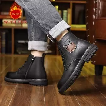 Autumn and winter men s boots Classic retro style Daily Business Office Outdoor street motorcycle Warm leather shoes Hot selling 38 чёрный