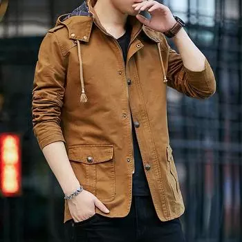 Autumn And Winter Men S Casual Cotton Washed Slim -Fit Stand -Collar Hooded Mid -Length Coat L хаки