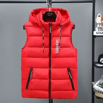 Autumn and winter men s cotton vest hooded vest men s loose thickened vest trend handsome tooling cotton jacket M красный
