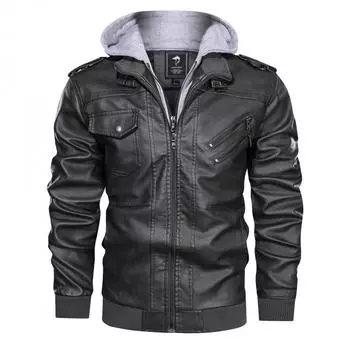 Autumn and Winter Men s Detachable Hooded Thin PU Leather Jacket Plus Size Motorcycle Leather Coat S
