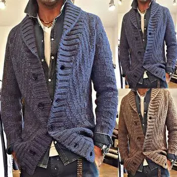 Осенне-зимняя мужская мода, свободный кардиган, теплая куртка с капюшоном и лацканами, свитер L коричневый