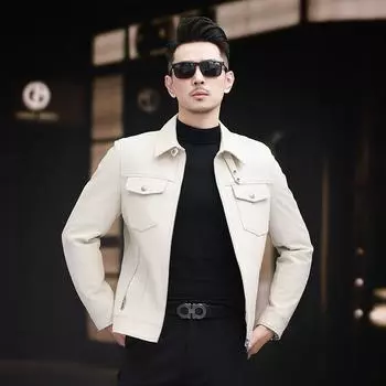 Осенне-зимняя мужская куртка из натуральной кожи в корейском стиле, тонкая куртка, модная мужская одежда, можно дополнить бархатом L