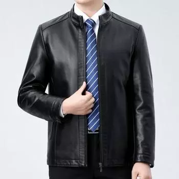 Autumn and winter men s genuine leather jacket men s stand collar leather jacket middle-aged casual cowhide jacket plus velvet coat top 170