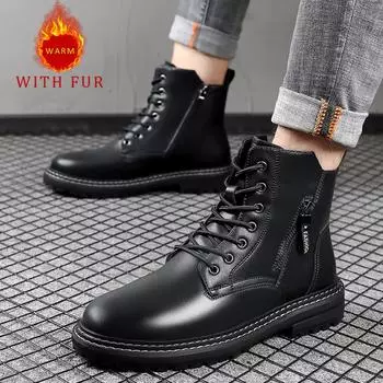 Autumn and winter men s high top leather shoes Comfortable and warm Daily officeoutdoor leisure walking Trendy men s boots 38 чёрный