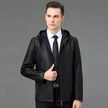 Autumn and winter men s leather jackets new Korean style handsome hooded collar leather jacket plus velvet middle-aged dad outfit M