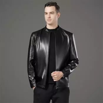 Autumn and winter men s leather jackets for young and middle-aged men casual sheepskin fashion stand-up collar leather jackets thickened 170