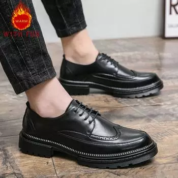 Autumn and winter men s leather shoes classics Brogue Gentleman style Outdoor leisure party Business office Warm Black shoes 38 чёрный