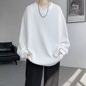 Autumn and Winter Men s Loose Fashion Striped Long-sleeved T-shirt Japanese Versatile Handsome Rotator Sleeve Sweater M