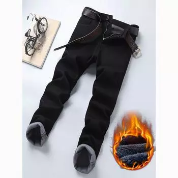 Autumn and Winter Men s Loose Straight Business Plus Velvet Jeans 28 чёрный