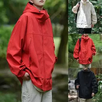 Осенне-зимний мужской однотонный костюм для альпинизма на открытом воздухе, рабочая одежда, пальто с капюшоном XXXL чёрный