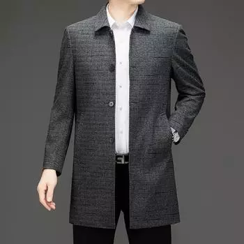 Осенне-зимняя мужская шерстяная ветровка средней длины, деловое повседневное пальто с лацканами, клетчатое пальто для пап среднего и пожилого возраста 170