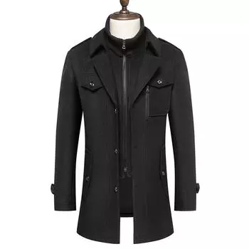 Autumn and Winter Men s Woolen Coat Men s Medium and Long Double-neck Vertical Zipper Woolen Coat Men s Coat Woolen Coat M чёрный