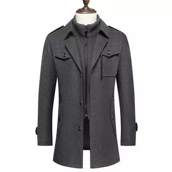 Autumn and Winter Men s Woolen Coat Men s Medium and Long Double-neck Vertical Zipper Woolen Coat Men s Coat Woolen Coat M чёрный