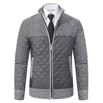 Autumn and Winter Middle-aged and Young People Cardigan Sweater Dad Pack Fleece Warm Jacket Stand-up Collar Splicing Knitted Sweater M