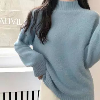 Осенне-зимний свитер из норки, теплый утолщенный флис, свободный полуводолазка внутри, женский базовый темпераментный вязаный свитер S