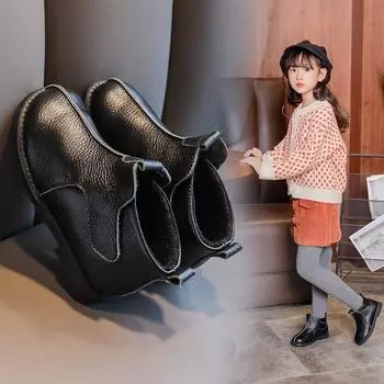 Autumn and winter new 2024 leather girls boots velvet short boots single boots Velcro children s cotton boots 21