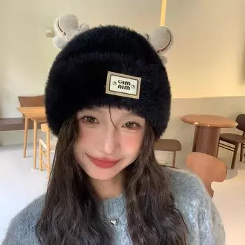 Autumn and winter new antlers plush hat female cute fashion wool hat warm and cold ear protection knitted hat чёрный