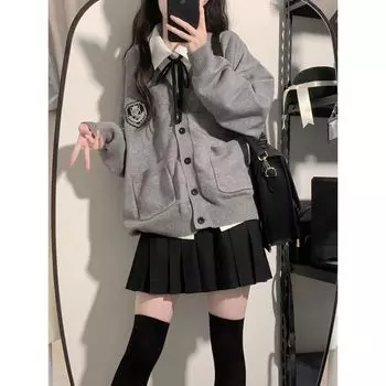 Autumn and Winter New Arrival Japanese Style Sweet JK Uniform Sweater Preppy Style Knitting Cardigan Long Sleeves Loose Versatile Coat Tide Grey S